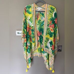NINE WEST Bright Colorful Metallic Boho Floral Kimono Coverup With Tassles Sz OS